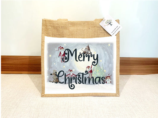 Christmas  Shopping Jute Bag with fabric pocket. Eco-friendly Hessian Burlap Tote Reusable