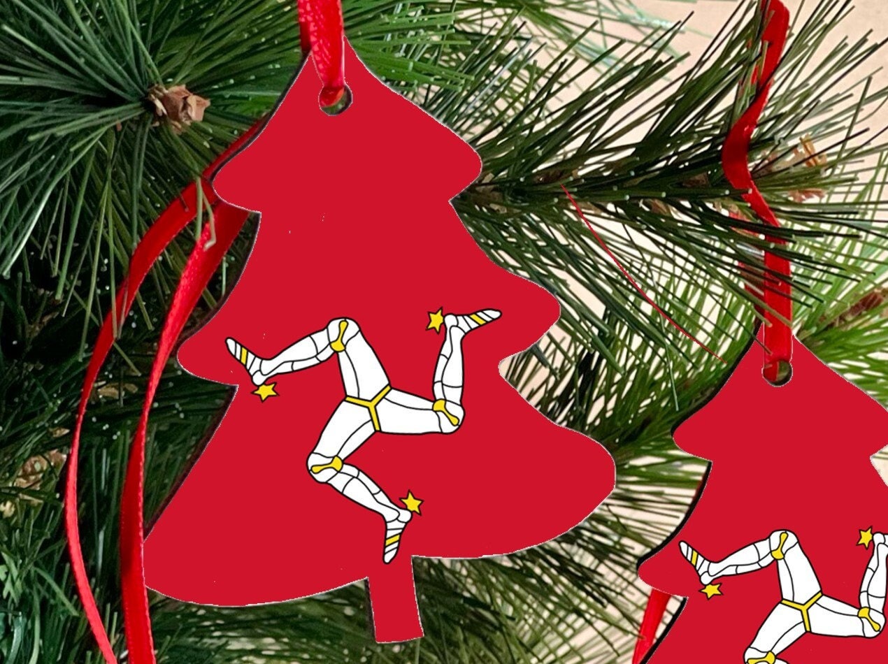 Christmas ornament Isle of Man Christmas Decoration. Tree shaped hanging ornament bright. Manx Ellan Vannin