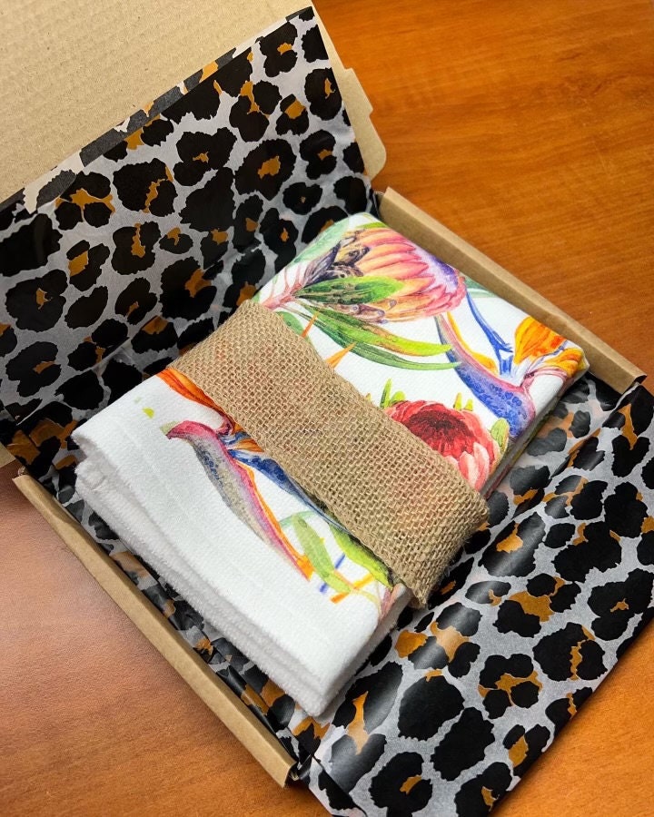 Kitchen Tea towel Protea and Strelitzia design floral tea towel South African flowers bar towel