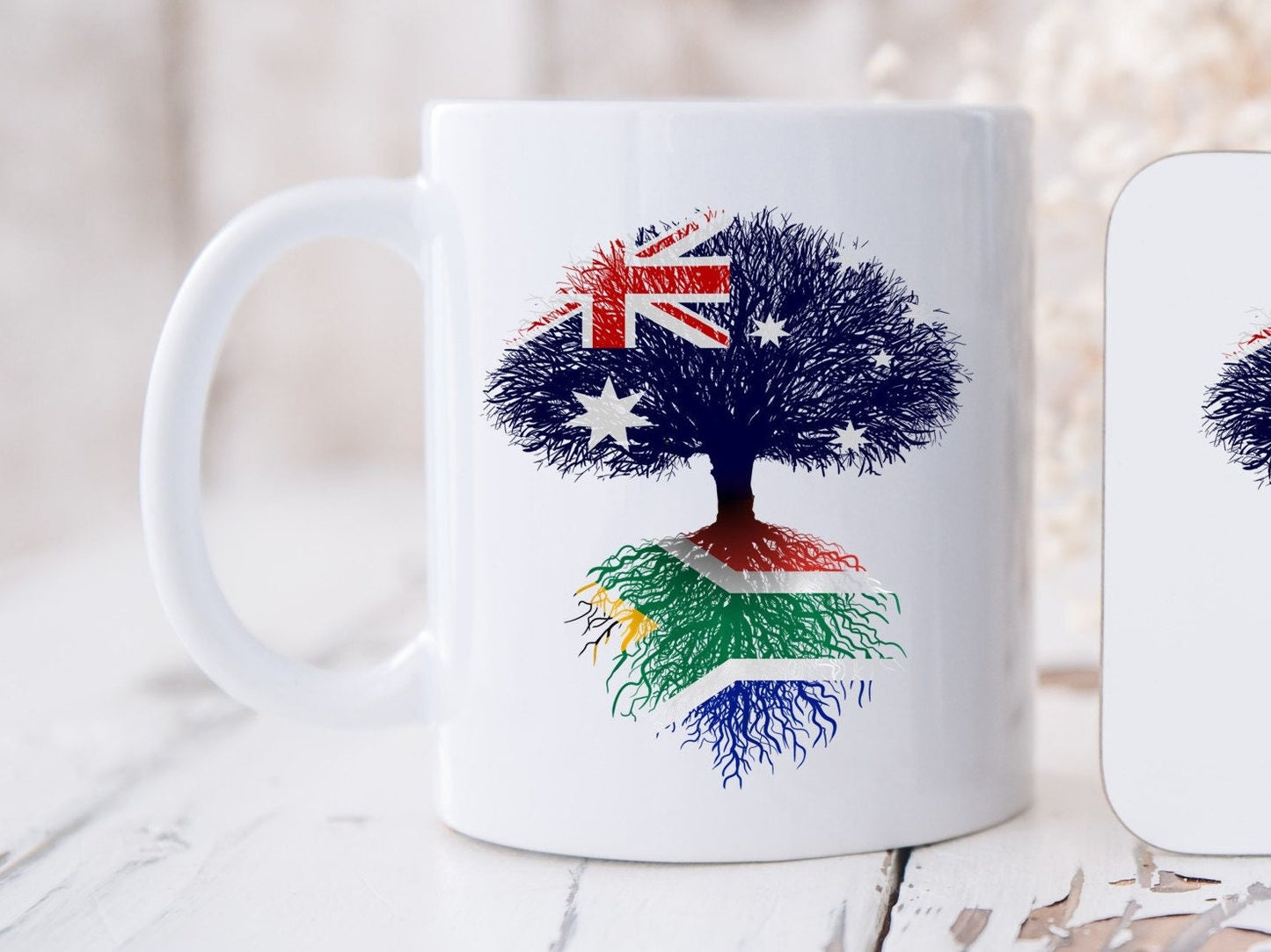 South African heritage mug and coaster Australian flag tree with South African flag roots. 11oz mug and coaster, ideal gift.