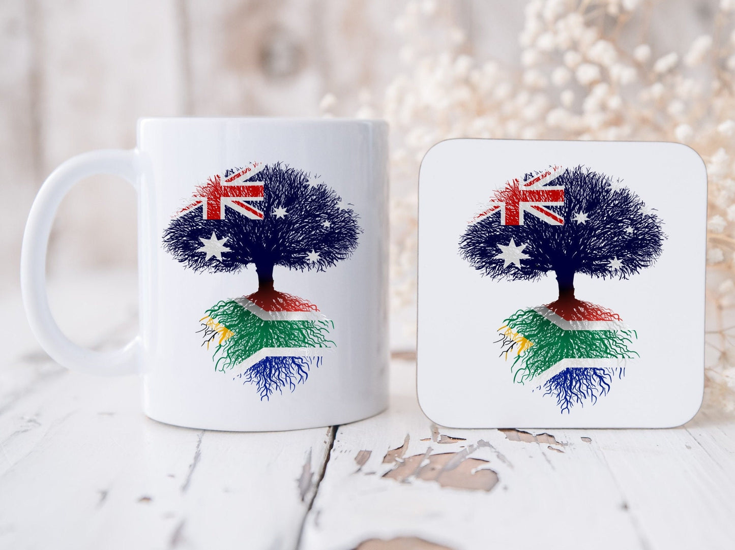 South African heritage mug and coaster Australian flag tree with South African flag roots. 11oz mug and coaster, ideal gift.