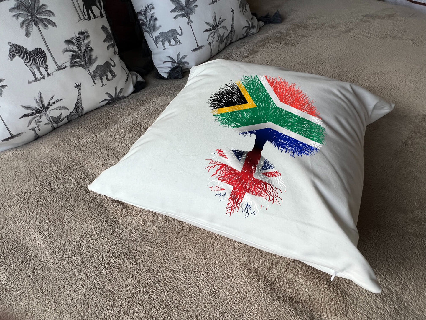 United Kingdom roots / South African Tree - Plush white deluxe 'soft feel' scatter cushion. ( 40x40cm ) Flag Art.