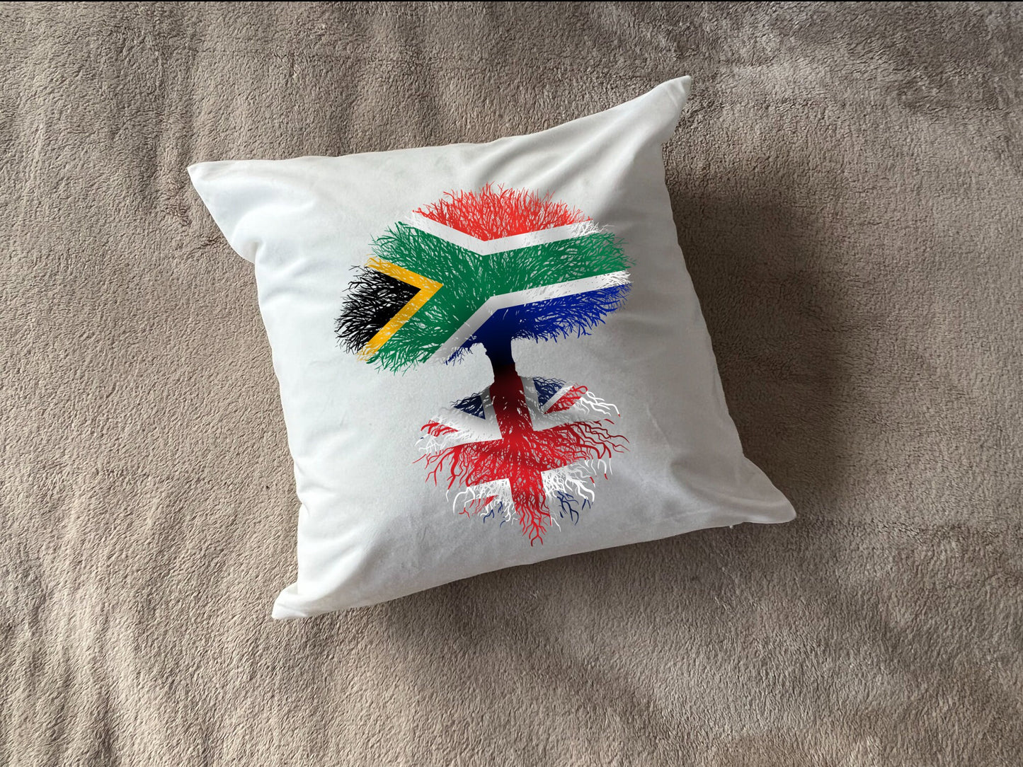 United Kingdom roots / South African Tree - Plush white deluxe 'soft feel' scatter cushion. ( 40x40cm ) Flag Art.