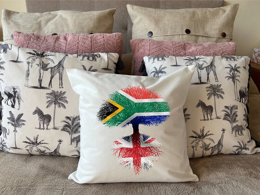 United Kingdom roots / South African Tree - Plush white deluxe 'soft feel' scatter cushion. ( 40x40cm ) Flag Art.