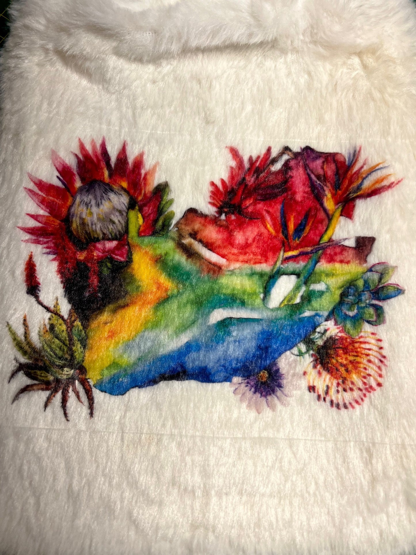 Protea South Africa flag map Hot Water Bottle Fluffy plush luxurious white cover ONLY Protea Floral Watercolour Design.