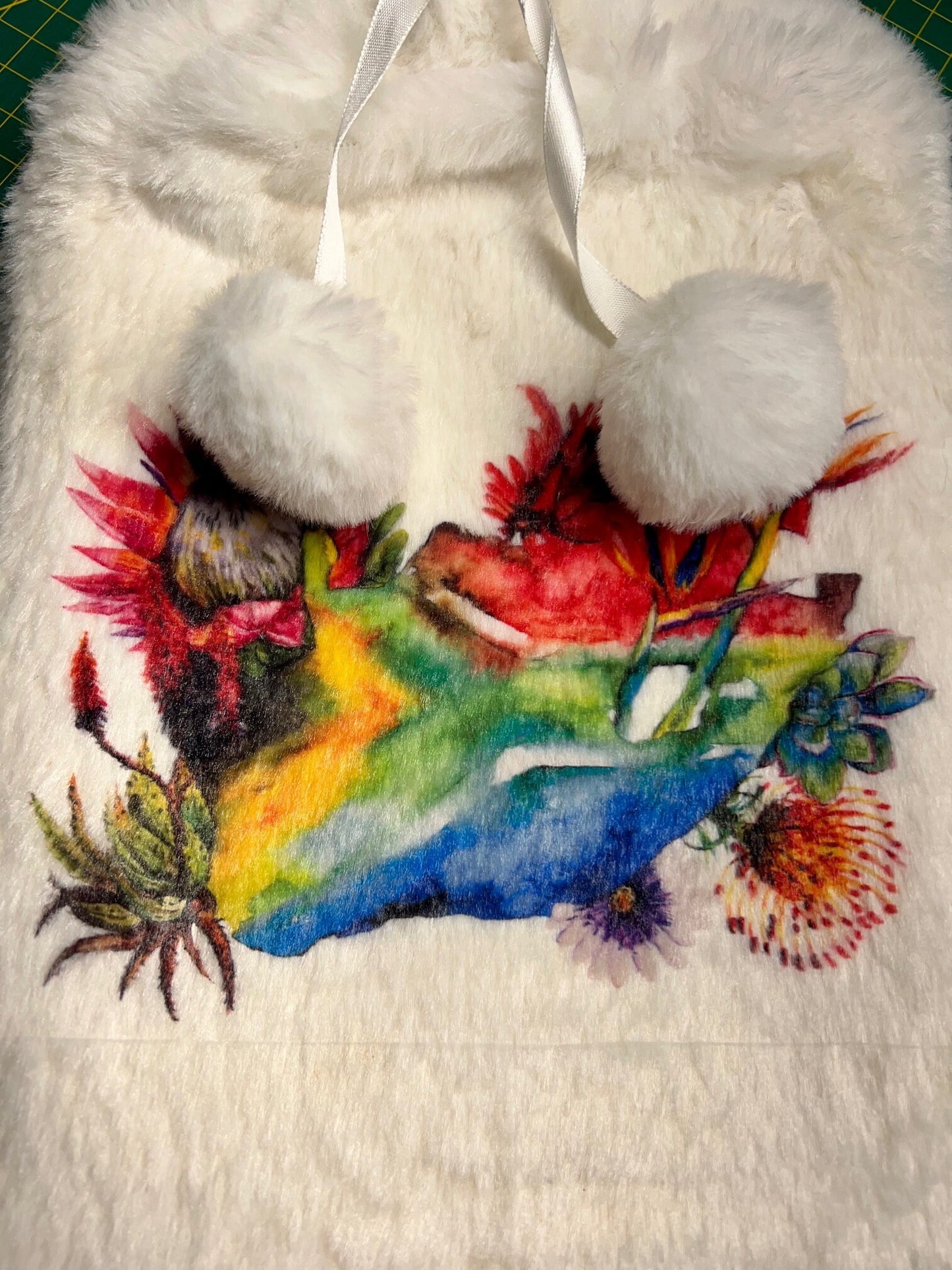 Protea South Africa flag map Hot Water Bottle Fluffy plush luxurious white cover ONLY Protea Floral Watercolour Design.