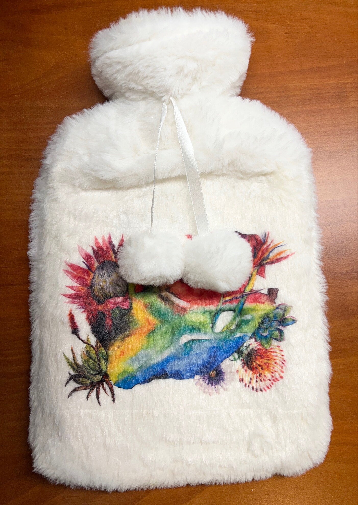 Protea South Africa flag map Hot Water Bottle Fluffy plush luxurious white cover ONLY Protea Floral Watercolour Design.