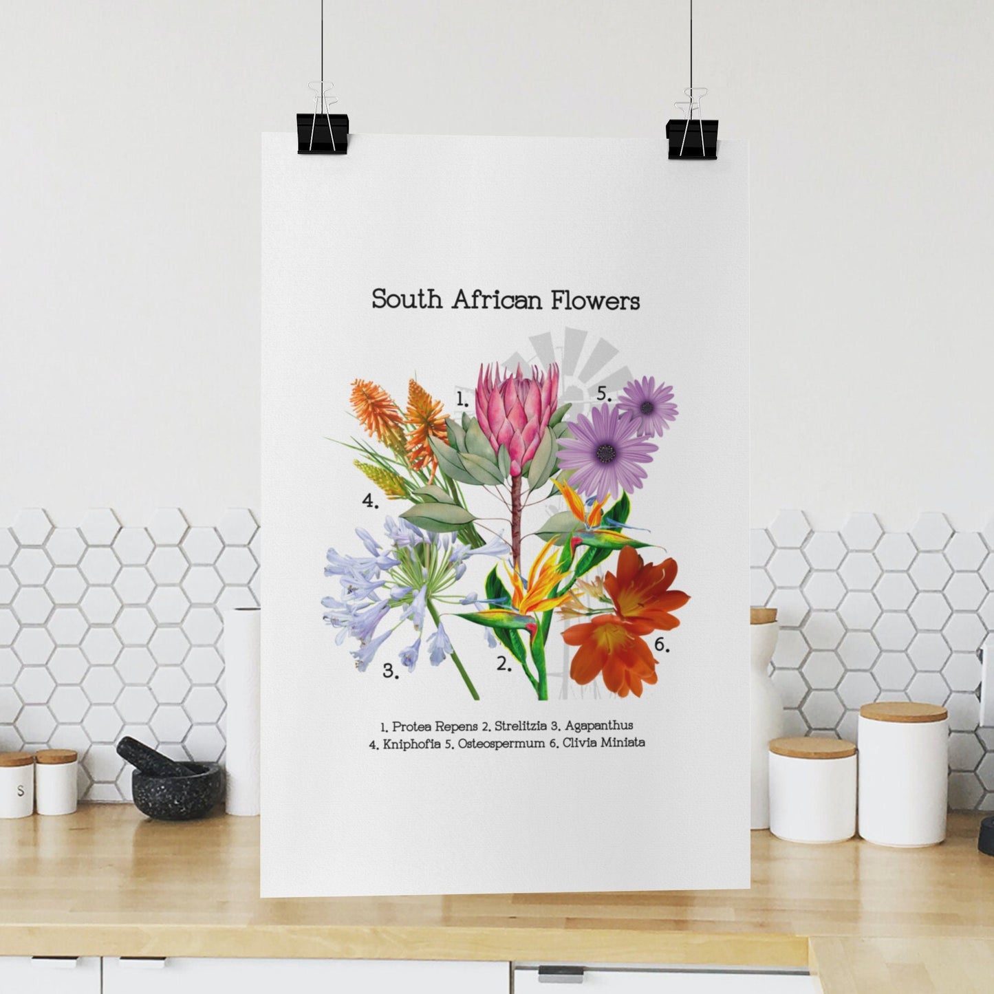 Kitchen Tea towel Bar Towel Hand Towel  South African flowers Protea Strelitzia