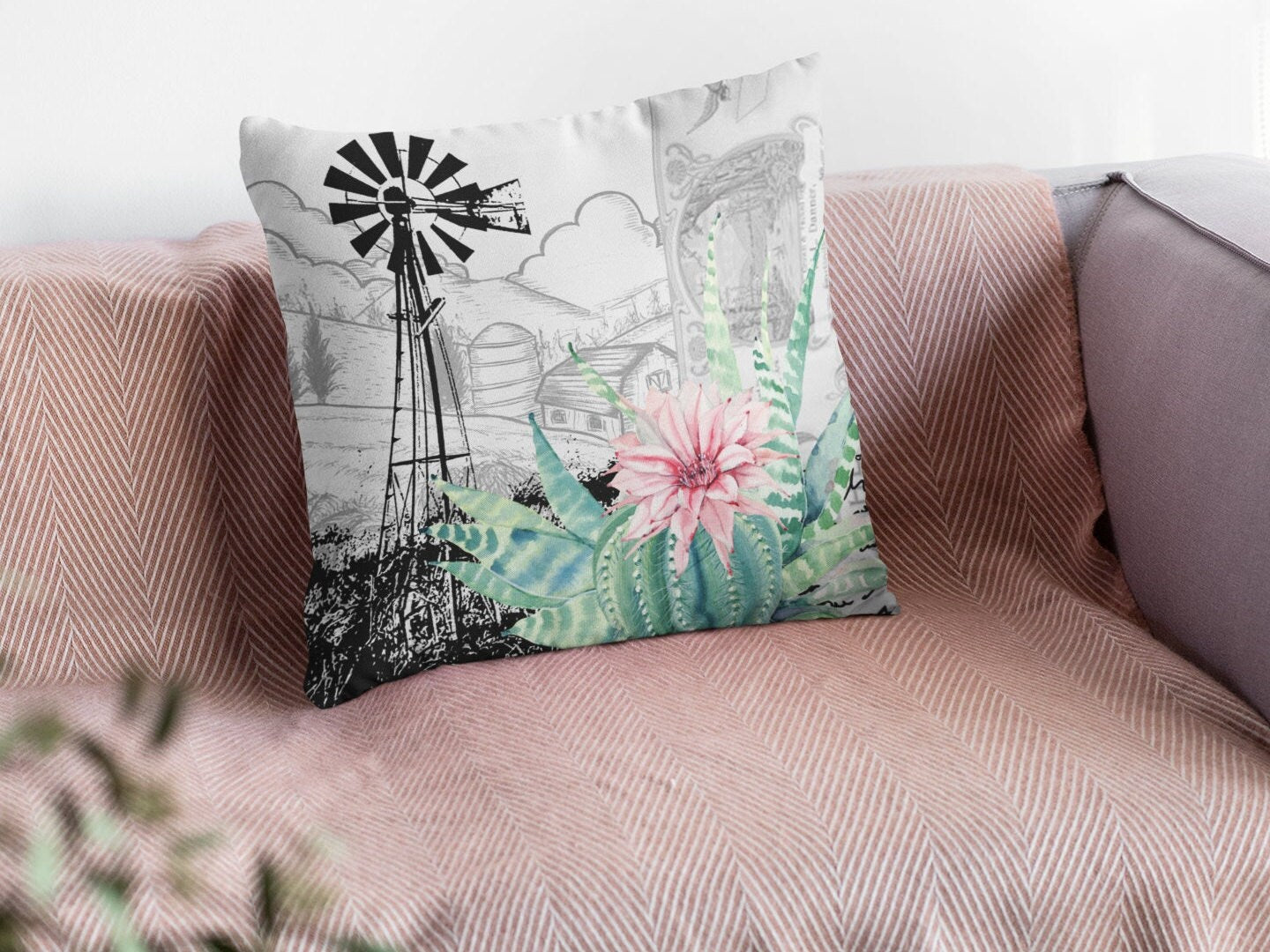 Windpomp/Windmill and Prickly Pears Cactus plush white deluxe 'soft feel' scatter cushion. ( 40x40cm, Individuals or a set of 4 )