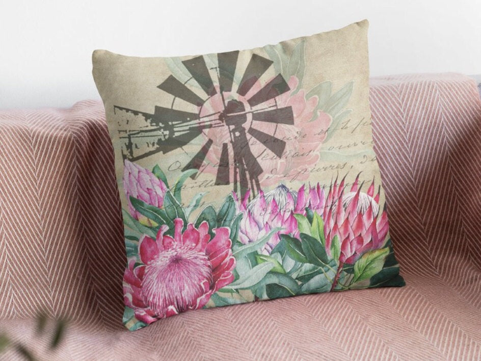 Windmill Windpomp and Proteas plush white deluxe 'soft feel' scatter cushion. ( 40x40cm ) ( Individuals or a set of 4 ) with inner (UK)