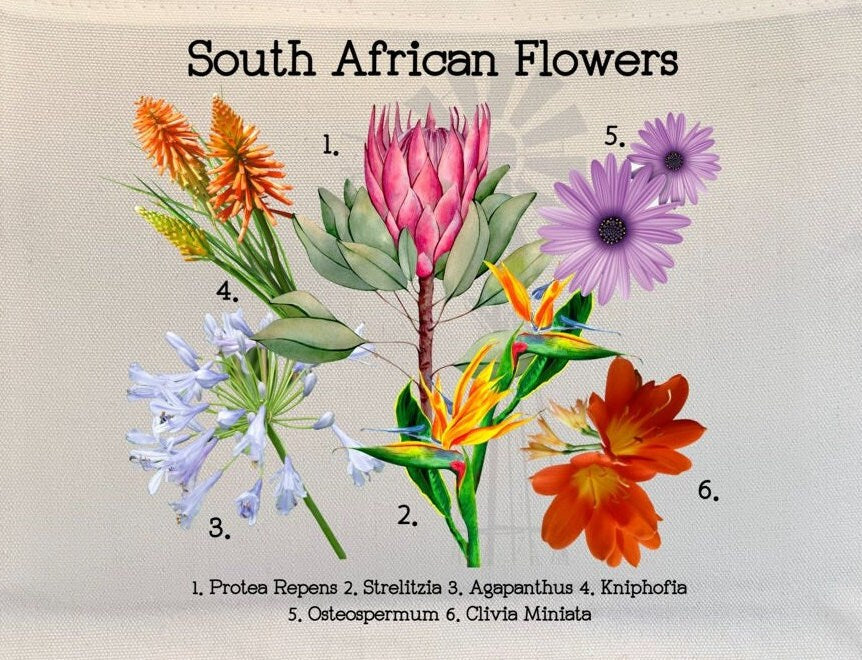 South African flowers Jute Bag with fabric pocket. Eco-friendly Hessian Burlap Tote Reusable. Mother’s Day gift. Spring time.