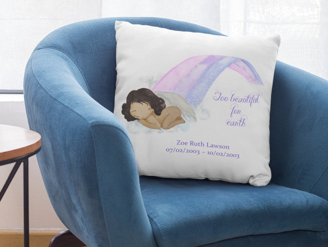 Baby loss Miscarriage Memorial cushion “Too beautiful for earth” Rainbow Personalised cushion. Boy Girl or Gender Neutral baby loss gift