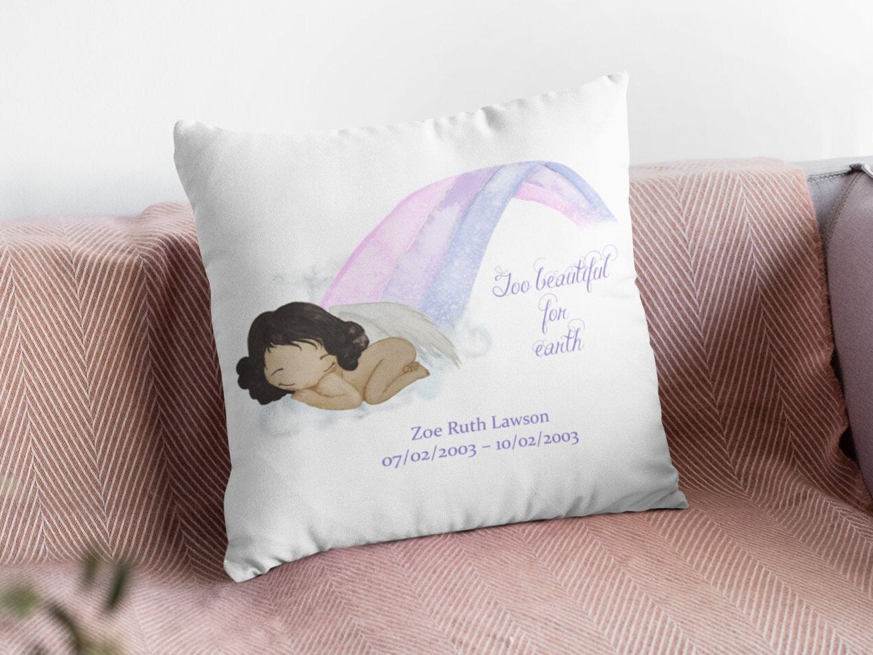 Baby loss Miscarriage Memorial cushion “Too beautiful for earth” Rainbow Personalised cushion. Boy Girl or Gender Neutral baby loss gift