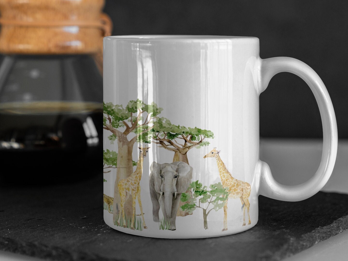 Safari mug South African animals Boab tree Tea Coffee Hot Chocolate mg 11oz South Africa mug. Giraffe Elephant Zebra Lion