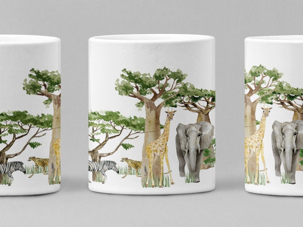 Safari mug South African animals Boab tree Tea Coffee Hot Chocolate mg 11oz South Africa mug. Giraffe Elephant Zebra Lion