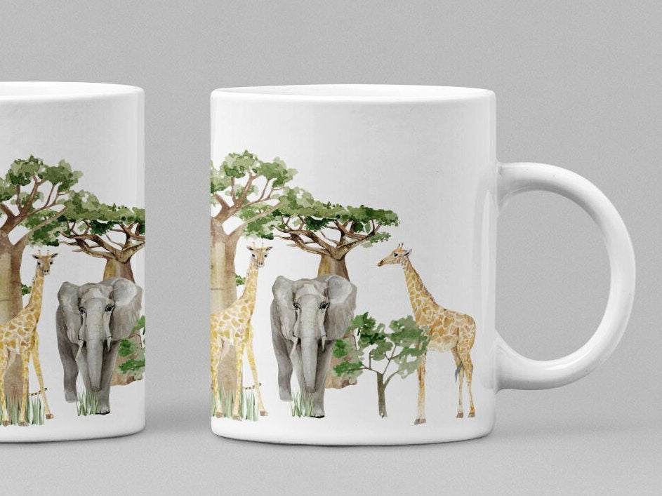 Safari mug South African animals Boab tree Tea Coffee Hot Chocolate mg 11oz South Africa mug. Giraffe Elephant Zebra Lion