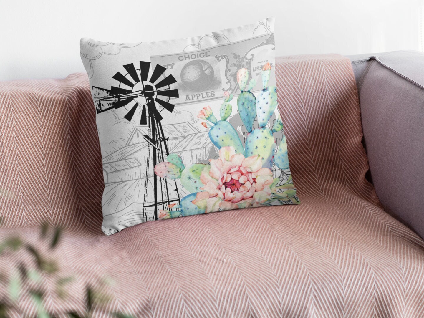 Windpomp/Windmill and Prickly Pears Cactus plush white deluxe 'soft feel' scatter cushion. ( 40x40cm, Individuals or a set of 4 )