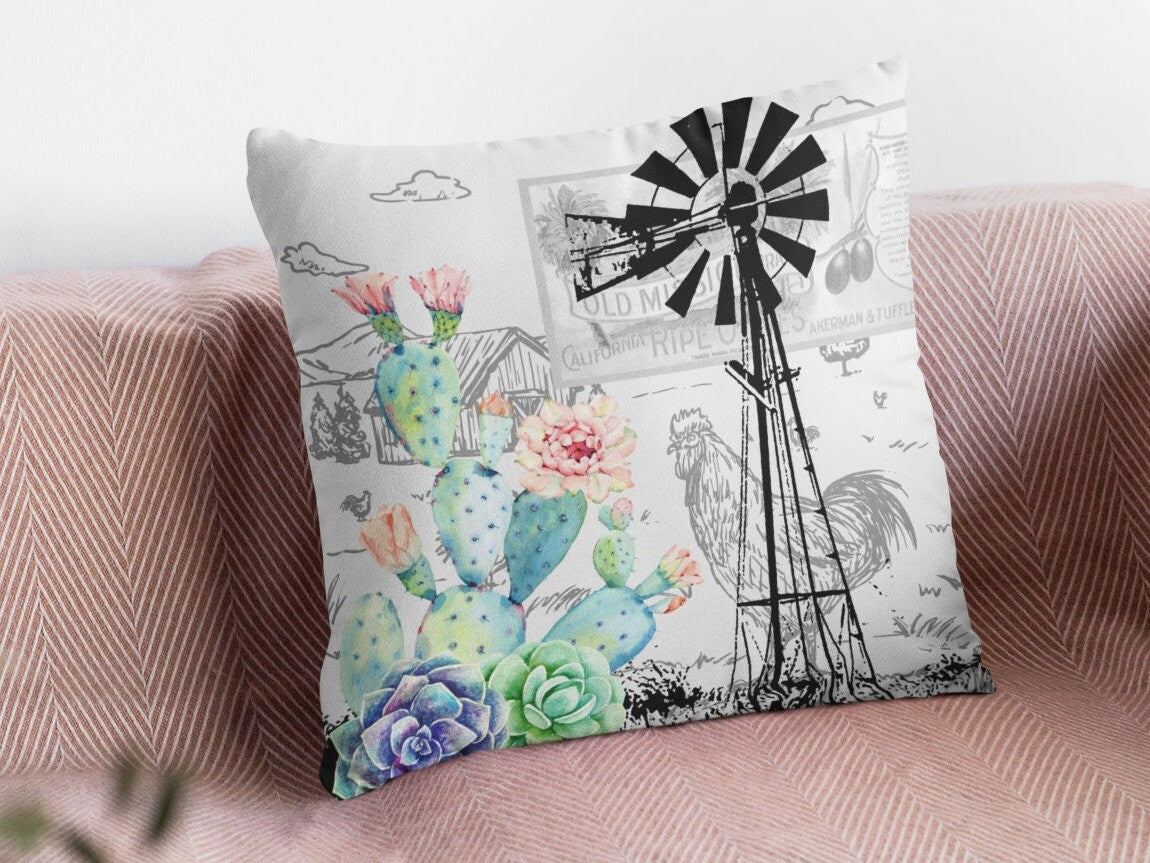 Windpomp/Windmill and Prickly Pears Cactus plush white deluxe 'soft feel' scatter cushion. ( 40x40cm, Individuals or a set of 4 )