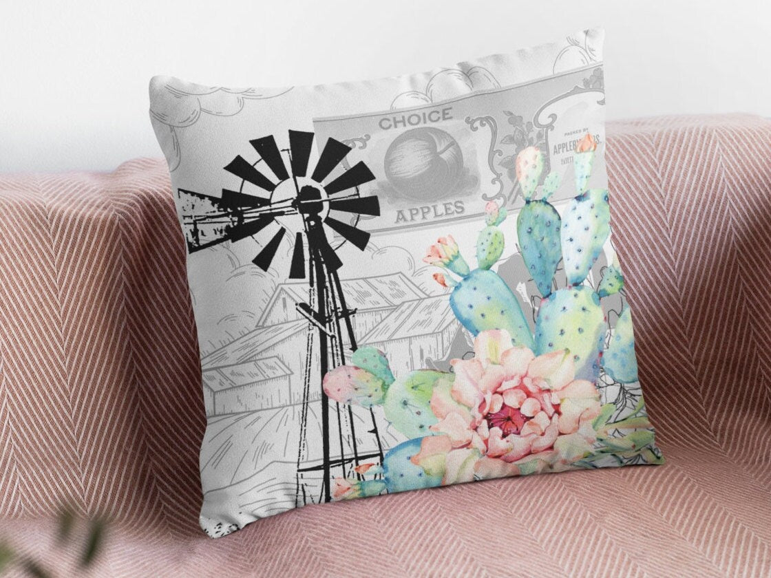 Windpomp/Windmill and Prickly Pears Cactus plush white deluxe 'soft feel' scatter cushion. ( 40x40cm, Individuals or a set of 4 )