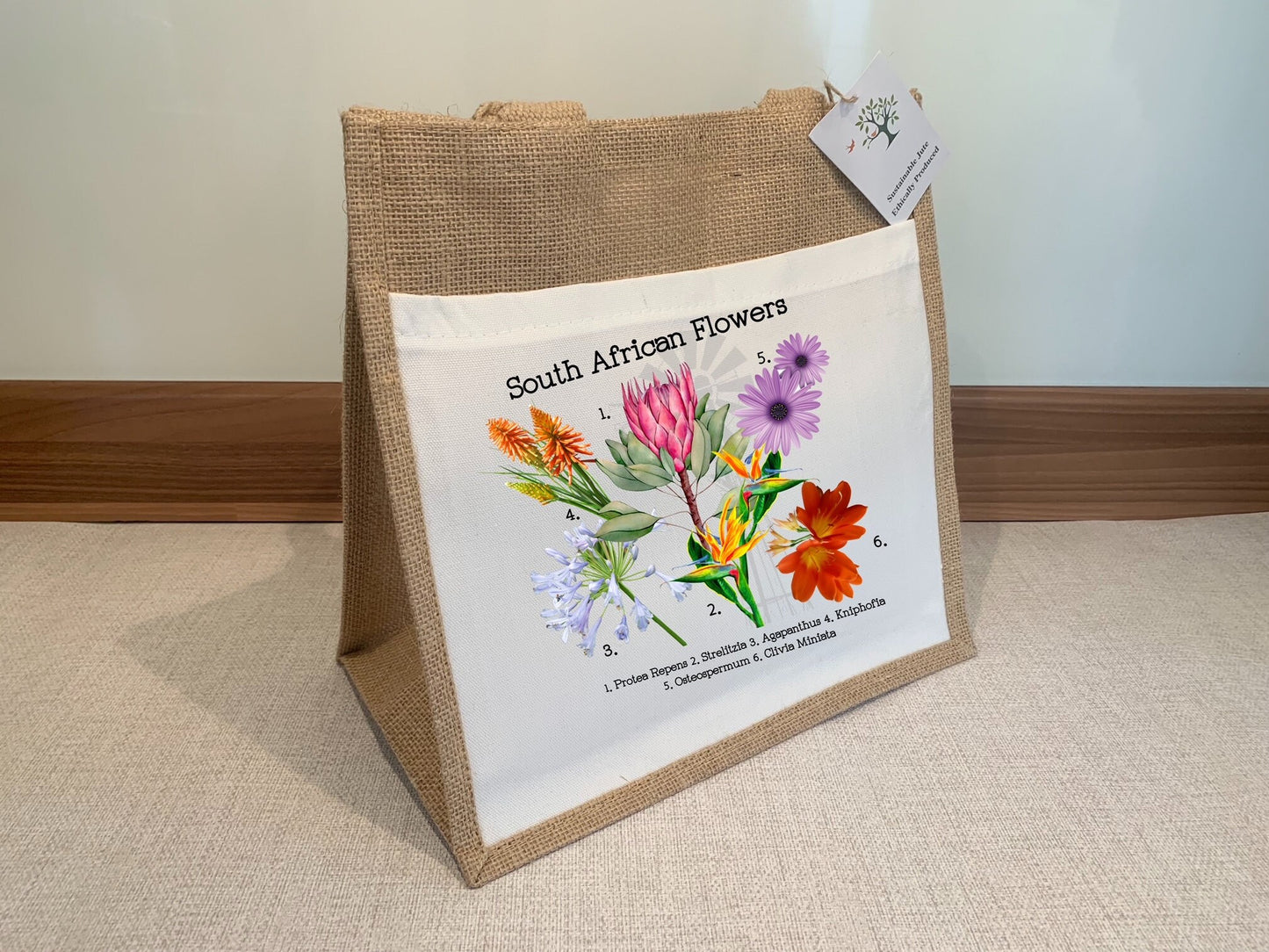 South African flowers Jute Bag with fabric pocket. Eco-friendly Hessian Burlap Tote Reusable. Mother’s Day gift. Spring time.