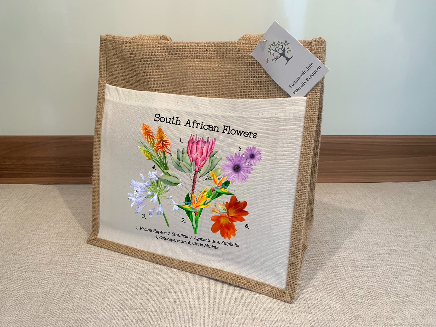 South African flowers Jute Bag with fabric pocket. Eco-friendly Hessian Burlap Tote Reusable. Mother’s Day gift. Spring time.