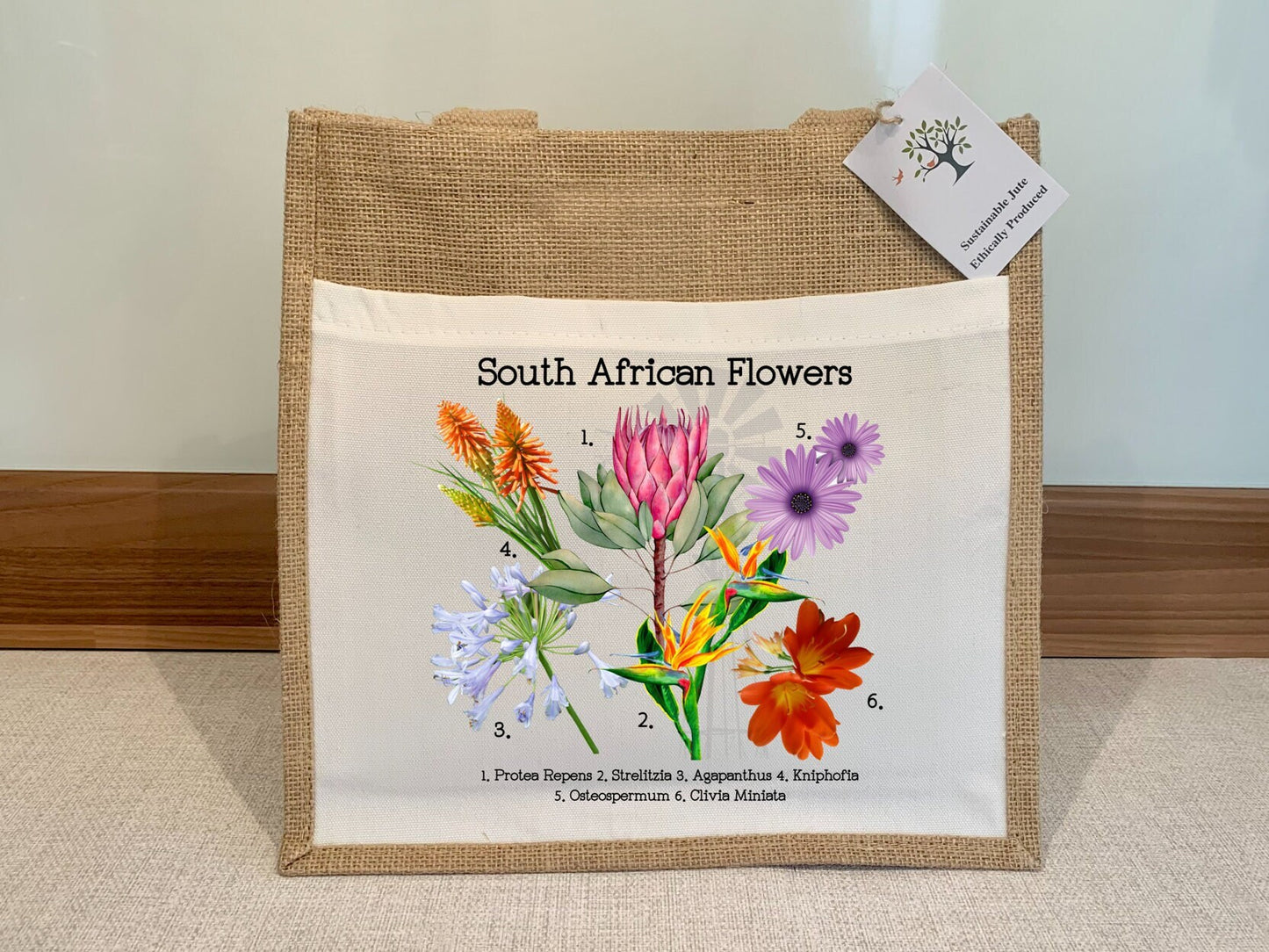 South African flowers Jute Bag with fabric pocket. Eco-friendly Hessian Burlap Tote Reusable. Mother’s Day gift. Spring time.