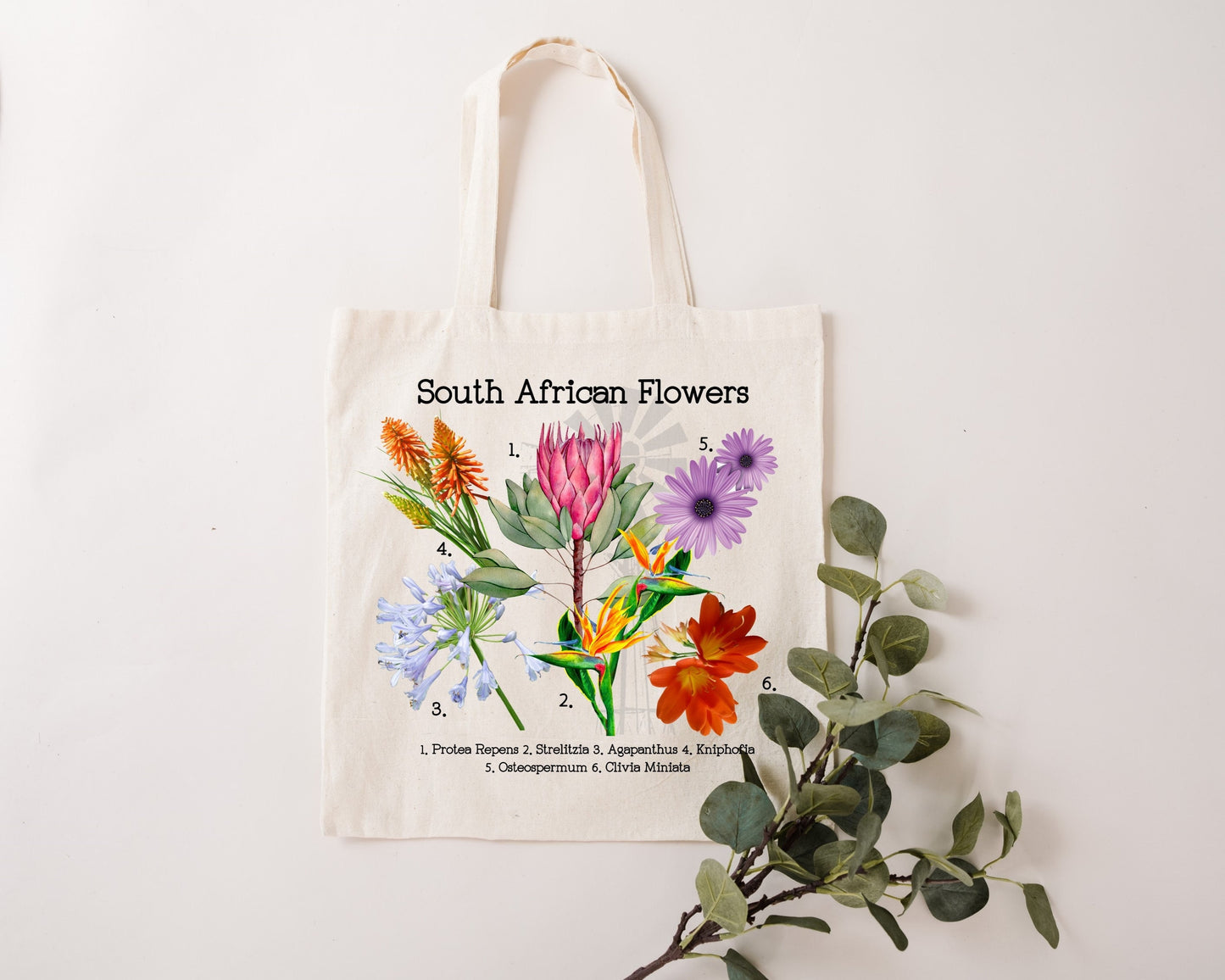 South Africa flowers reusable bag. Protea Strelitzias Daisy Canvas Tote. Mother’s Day gift. Spring gift.