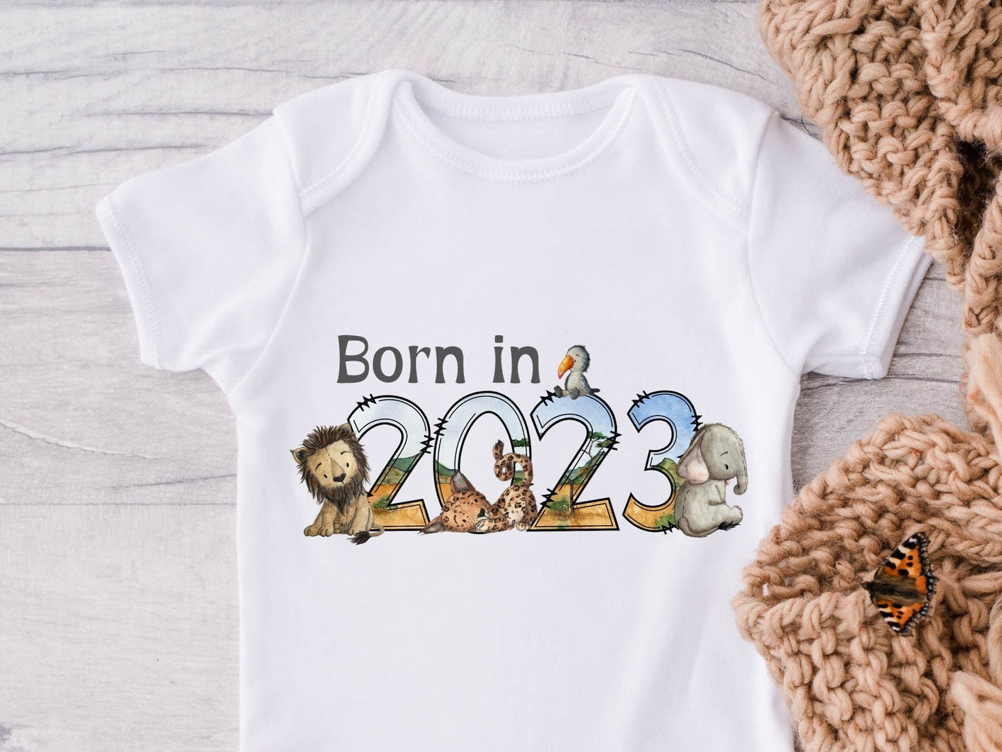 Baby Gift Vest Born in 2023 safari animals baby vest. New baby gift. Baby shower. Pregnancy Announcement. Gender neutral.