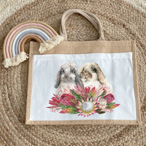 Protea and Rabbits Bunnies Easter Bunny Jute Bag with fabric pocket. Eco-friendly Hessian Burlap Tote Reusable. Easter gift. Spring gift.