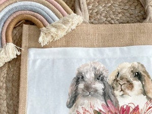 Protea and Rabbits Bunnies Easter Bunny Jute Bag with fabric pocket. Eco-friendly Hessian Burlap Tote Reusable. Easter gift. Spring gift.