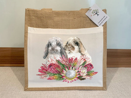 Protea and Rabbits Bunnies Easter Bunny Jute Bag with fabric pocket. Eco-friendly Hessian Burlap Tote Reusable. Easter gift. Spring gift.