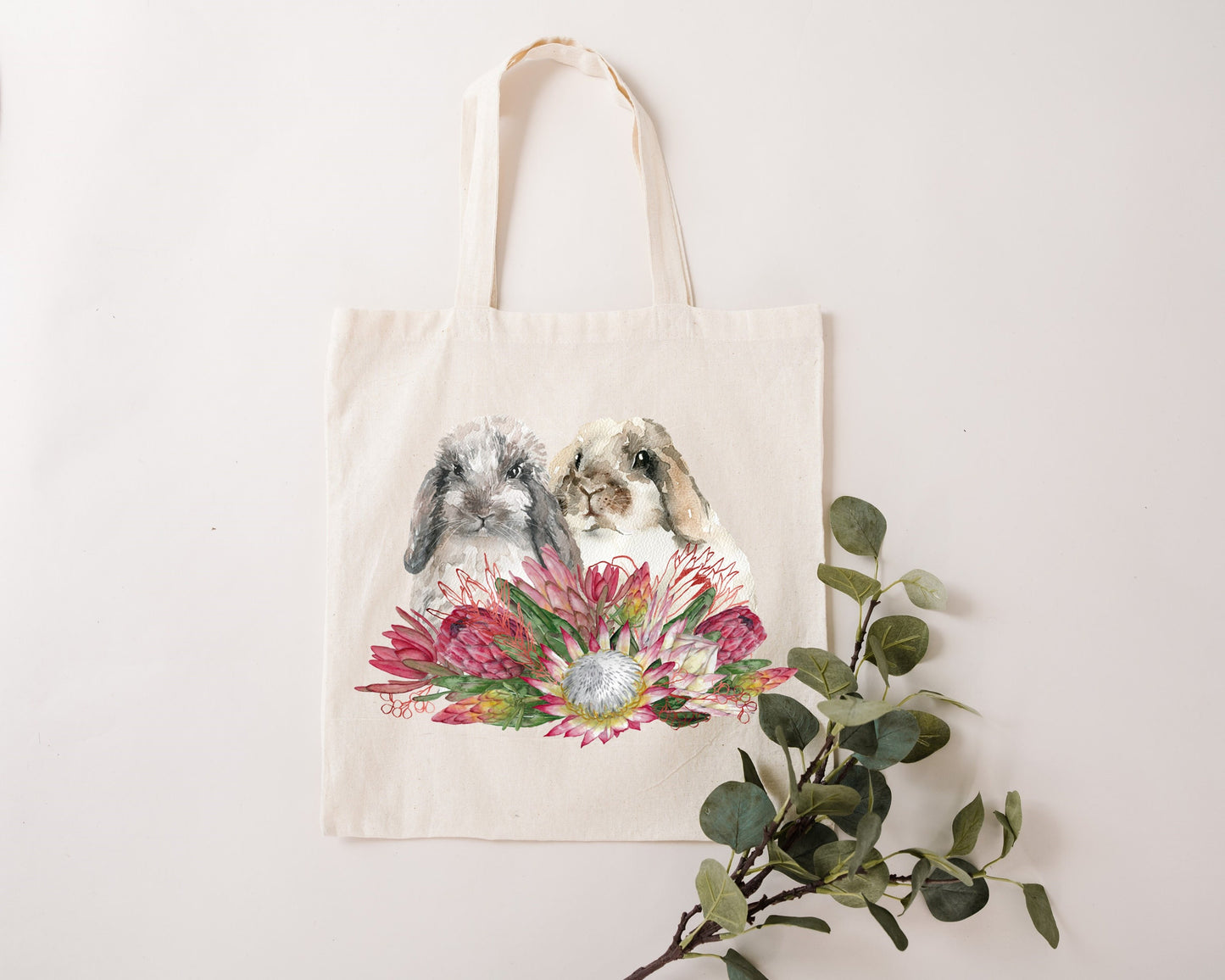 Easter bunnies and protea tote. Reusable tote bag. Mother’s Day gift. Easter gift. Eco friendly reusable bag.