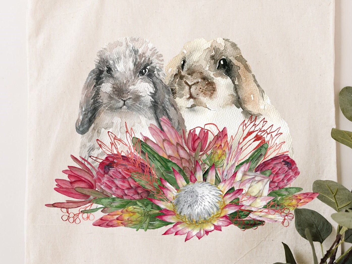 Easter bunnies and protea tote. Reusable tote bag. Mother’s Day gift. Easter gift. Eco friendly reusable bag.