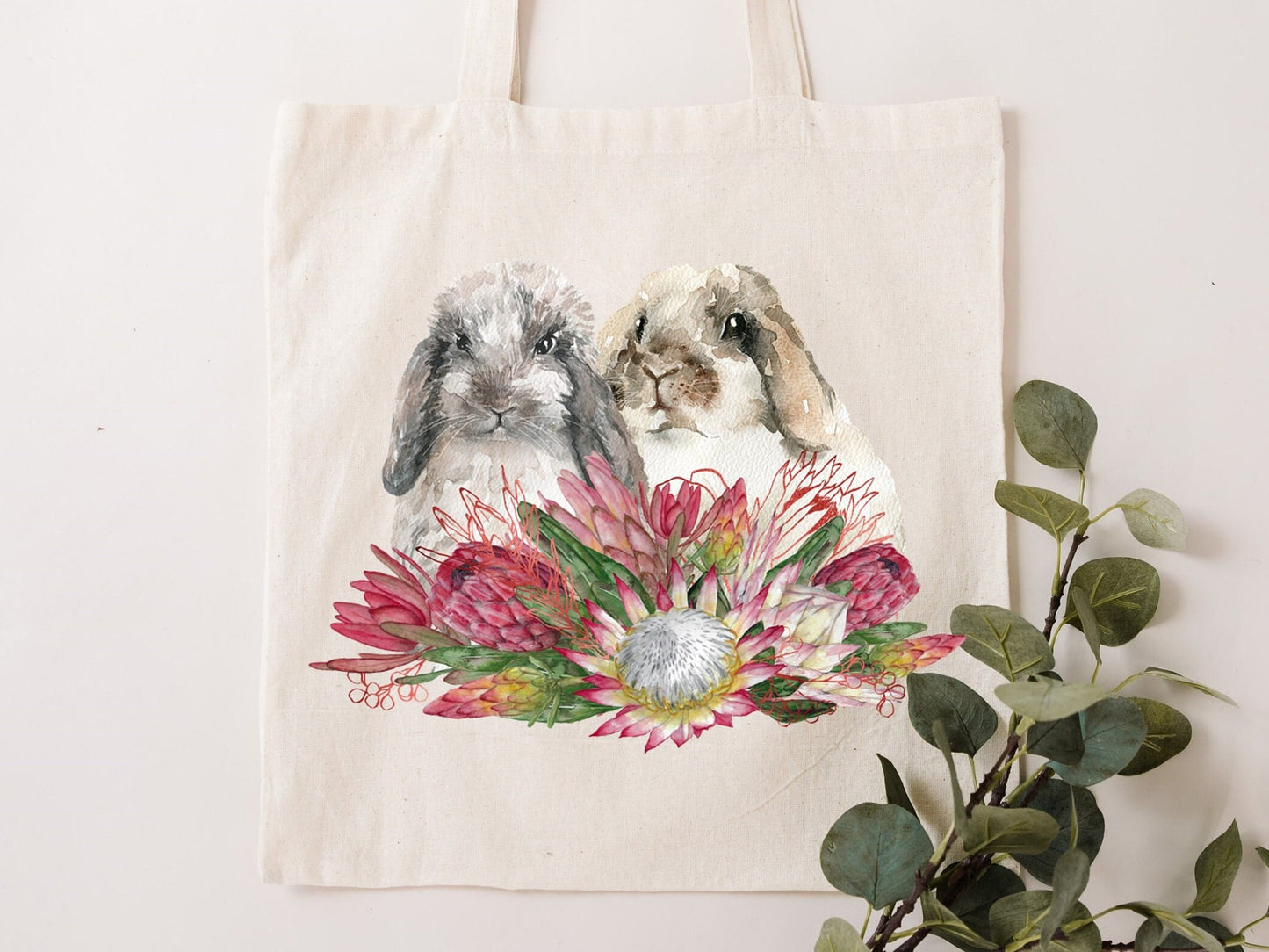 Easter bunnies and protea tote. Reusable tote bag. Mother’s Day gift. Easter gift. Eco friendly reusable bag.