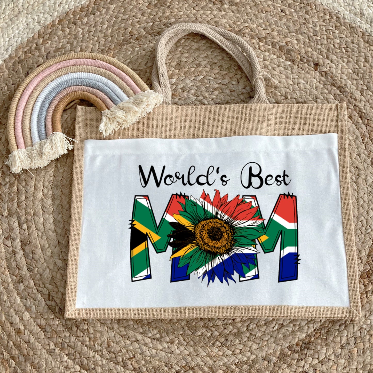 World's best Mom Mum South African Flag Jute Bag with fabric pocket. Eco-friendly Hessian Burlap Tote. Mother’s Day Gift for South African.