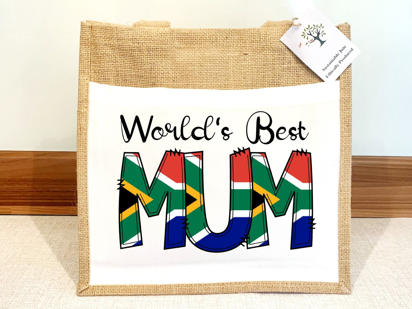 World's best Mom Mum South African Flag Jute Bag with fabric pocket. Eco-friendly Hessian Burlap Tote. Mother’s Day Gift for South African.