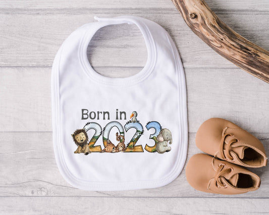 Baby Bib. Born in 2023 safari animal design. New baby gift. Pregnancy Announcement. Gender neutral baby gift. Boy or Girl baby gift.