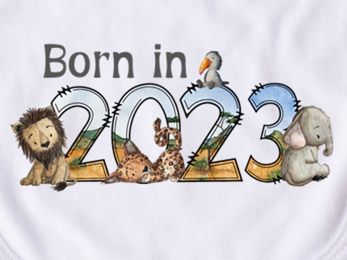 Baby Bib. Born in 2023 safari animal design. New baby gift. Pregnancy Announcement. Gender neutral baby gift. Boy or Girl baby gift.
