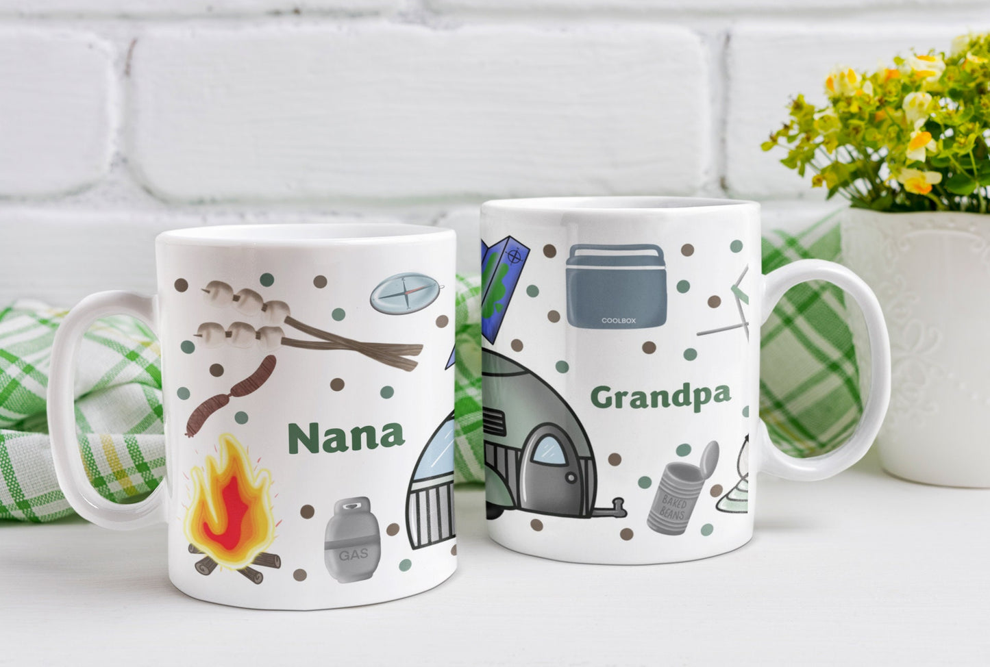 Camping Caravan Motorhome personalised mug and coaster Bright colourful design Motorhome RV camping gift Mother’s Father’s Day Campfire