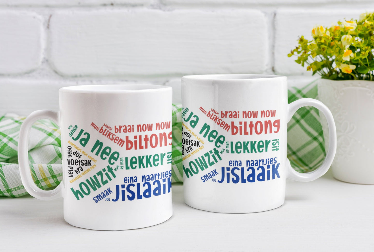 South African slang sayings in the South African flag 11oz mug. Afrikaans slang. SAFFA mug. Flag Art.