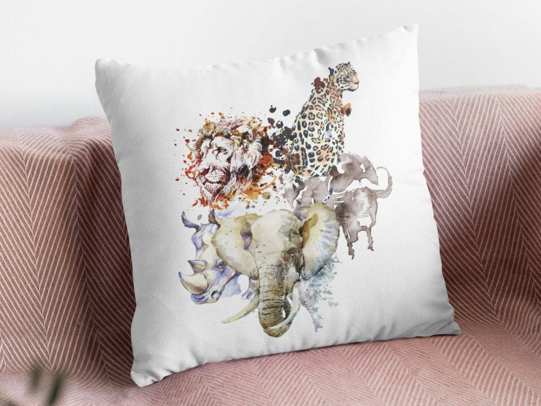 African Big 5 animals plush white deluxe scatter cushion. Soft feel plush cushion.