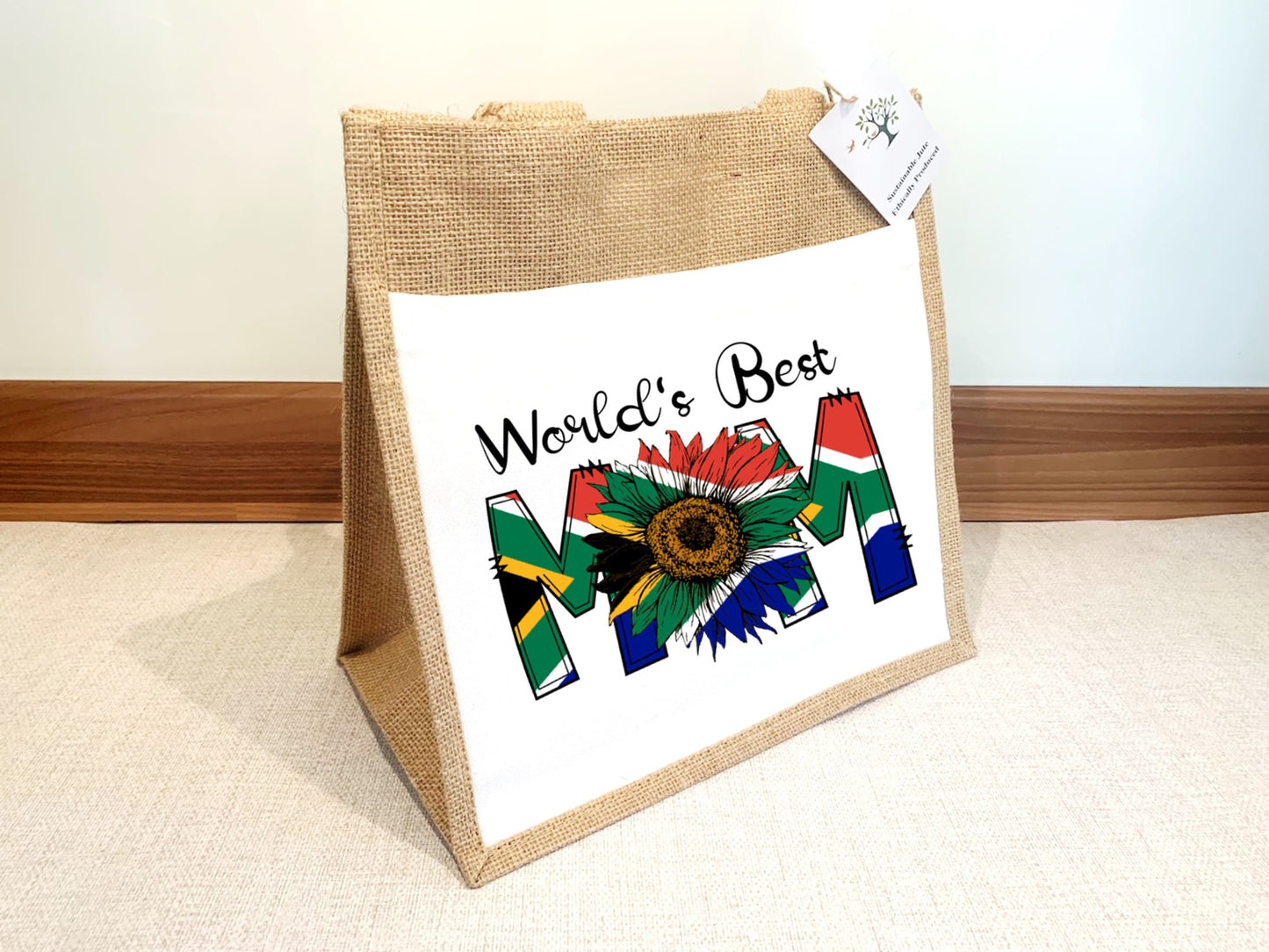 World's best Mom Mum South African Flag Jute Bag with fabric pocket. Eco-friendly Hessian Burlap Tote. Mother’s Day Gift for South African.