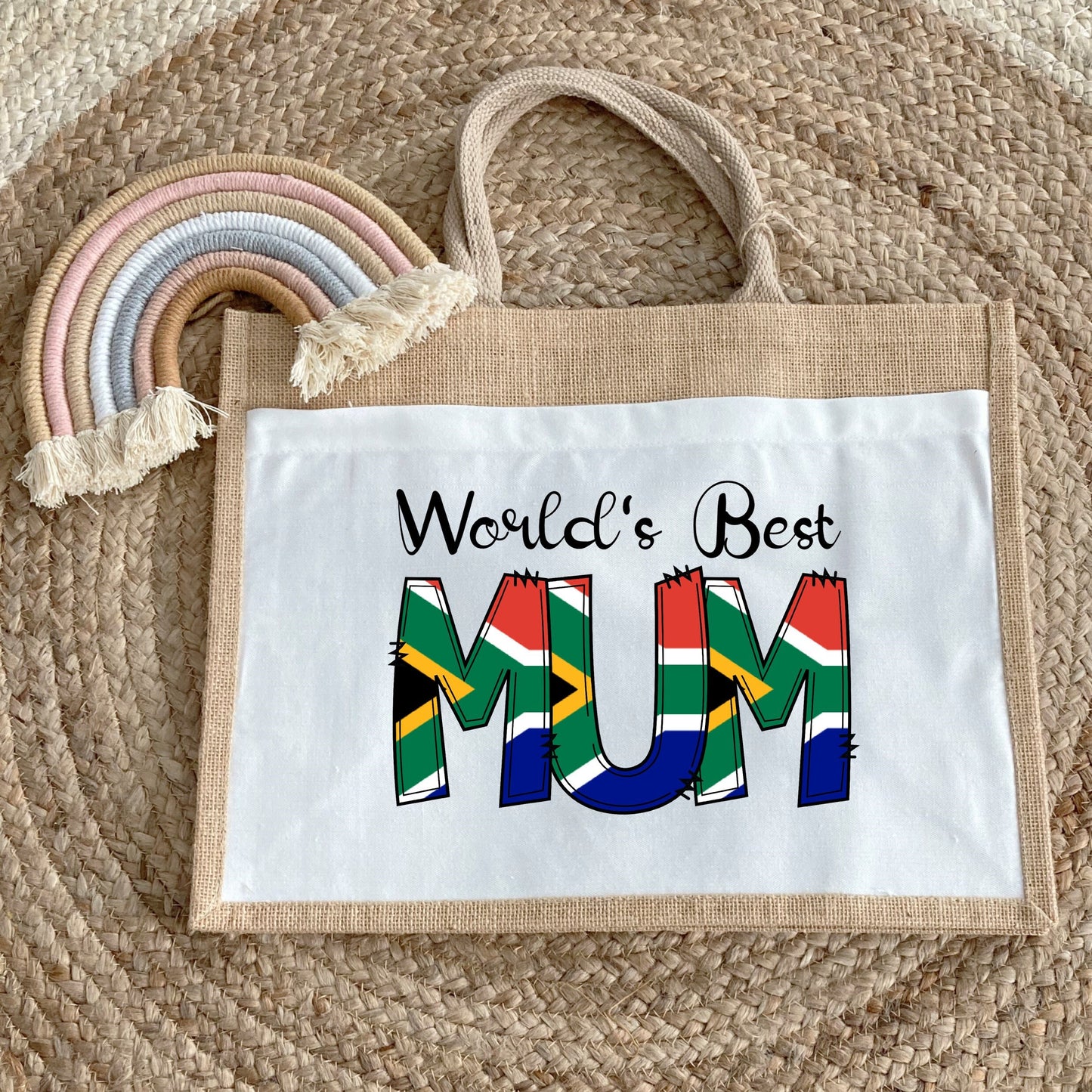 World's best Mom Mum South African Flag Jute Bag with fabric pocket. Eco-friendly Hessian Burlap Tote. Mother’s Day Gift for South African.