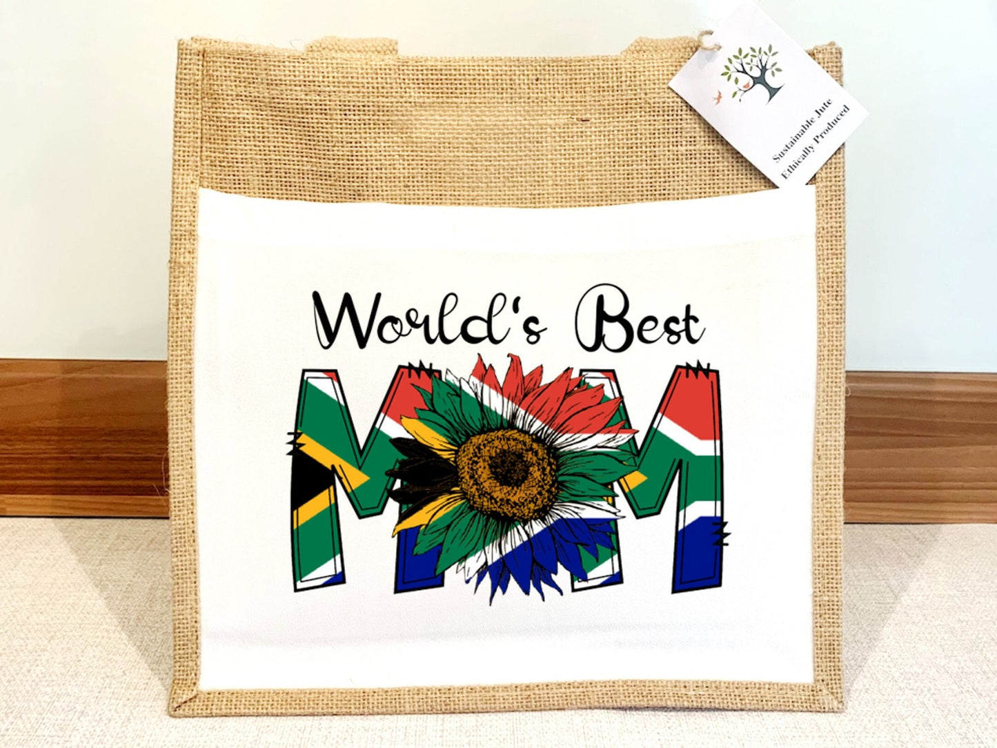 World's best Mom Mum South African Flag Jute Bag with fabric pocket. Eco-friendly Hessian Burlap Tote. Mother’s Day Gift for South African.