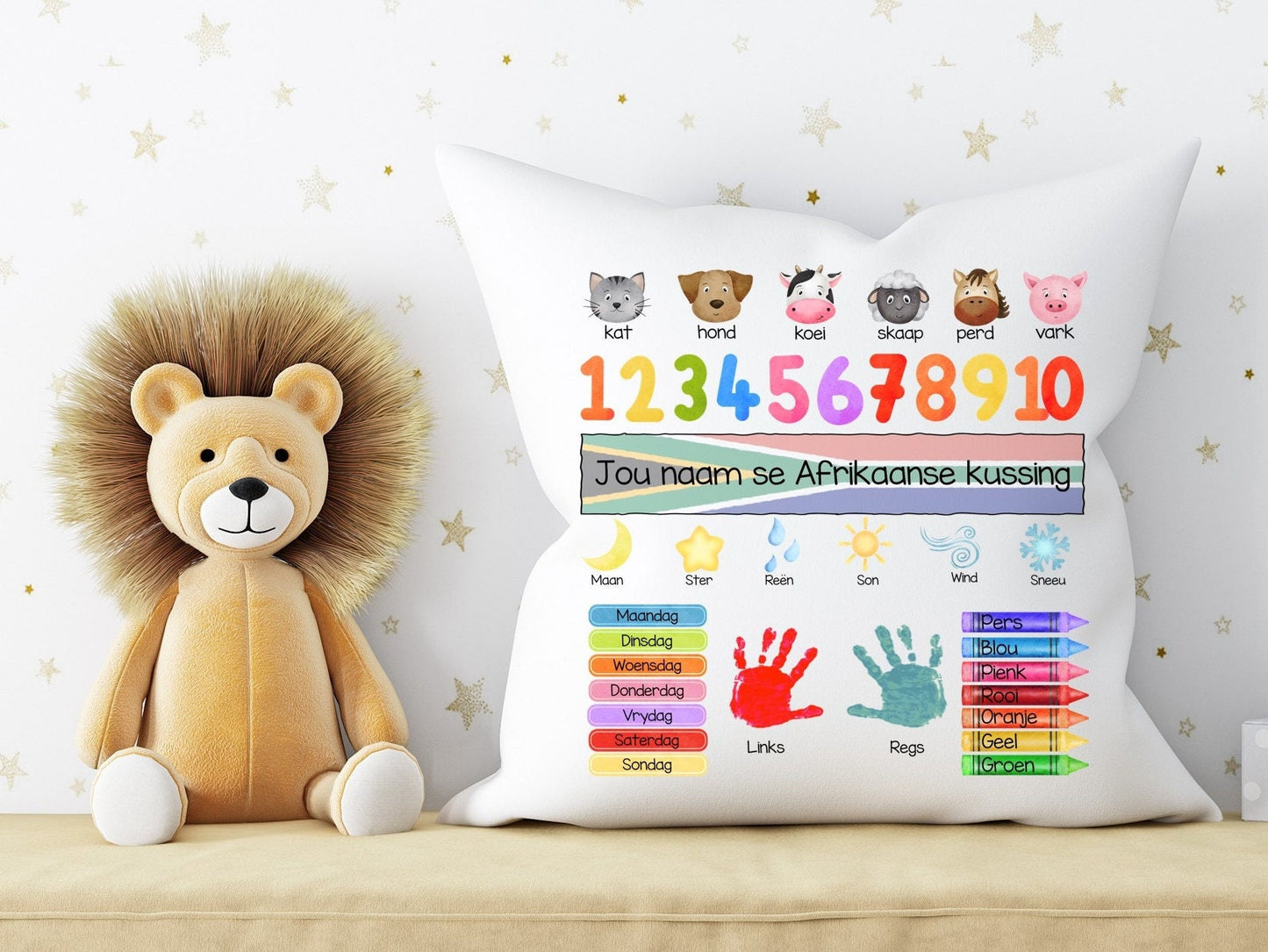 Personalised Afrikaans learning cushion pillow learning resources South Africa toddler kids Afrikaans words for beginners customised