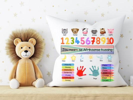Personalised Afrikaans learning cushion pillow learning resources South Africa toddler kids Afrikaans words for beginners customised