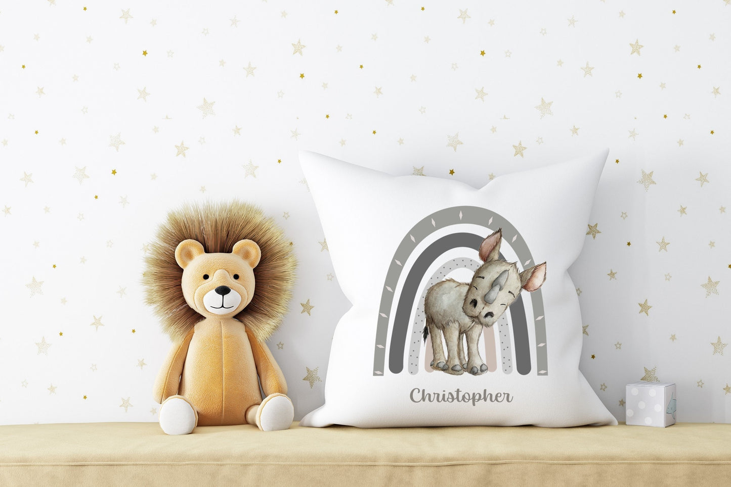 Personalised Baby Rhino plush white deluxe 'soft feel' scatter cushion. ( 40x40cm ). Nursery decoration. Baby Gift. Baby Safari animals.