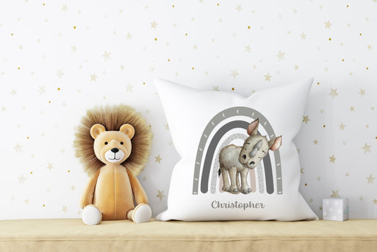 Personalised Baby Rhino plush white deluxe 'soft feel' scatter cushion. ( 40x40cm ). Nursery decoration. Baby Gift. Baby Safari animals.