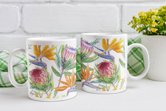 Protea and Strelitzia ( Bird of Paradise Flower ) 11oz mug. South African  flowers Bright and colourful.