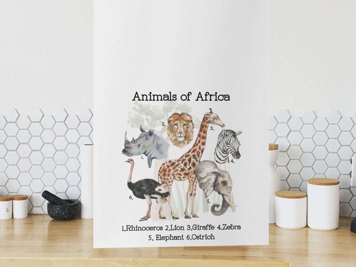 African Animals Tea Kitchen Bar towel Rhinoceros Lion Giraffe Zebra Elephant Ostrich Housewarming Mother’s Day Birthday gift